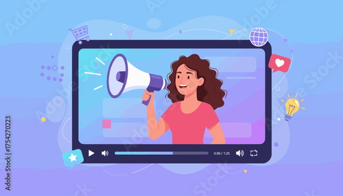 Vivid illustration of a woman with curly hair holding a megaphone, promoting something on a video player interface, symbolizing live streaming, media clips, and online promotion with social media