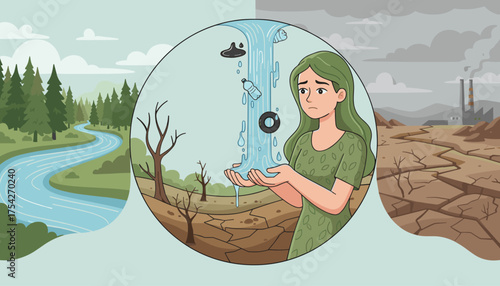 A distressed woman with green hair and a leaf-patterned dress cradles polluted water in her hands, symbolizing environmental crisis, contrasted with a lush forest and river on one side and a barren