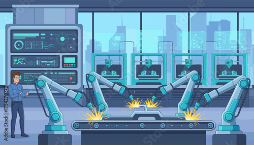 Modern digital manufacturing factory floor with robotic arms performing welding on a conveyor belt, overseen by a technician with a tablet, showcasing advanced automation and industrial technology in