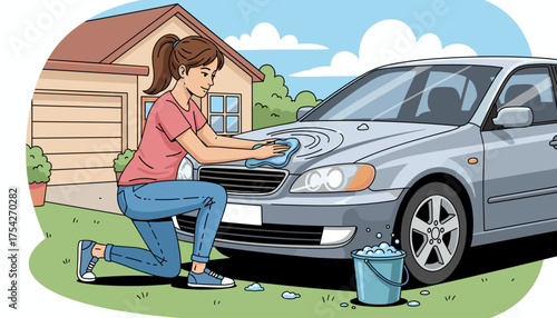 A young woman with a ponytail, wearing a pink t-shirt and blue jeans, kneels on the grass and meticulously polishes the hood of a metallic gray car with a blue microfiber cloth, a bucket of soapy