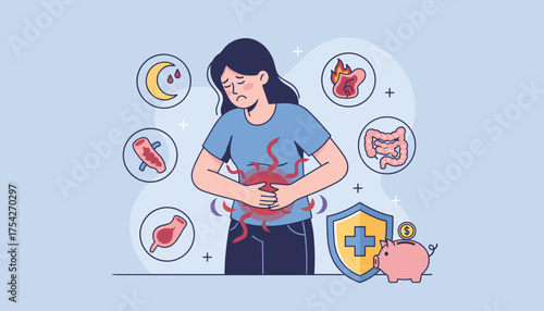 A woman is clutching her stomach in pain, surrounded by icons representing digestive issues like inflammation, ulcers, and intestinal problems, alongside symbols of protection and savings