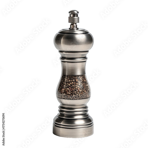 Stainless steel pepper grinder, filled with peppercorns