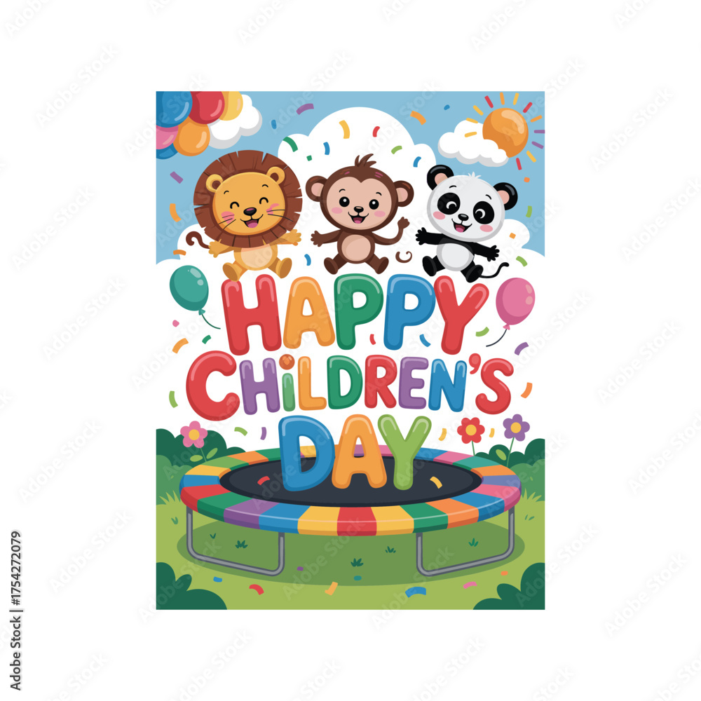 Obraz premium Joyful happy children's day celebration with cute cartoon animals and colorful confetti