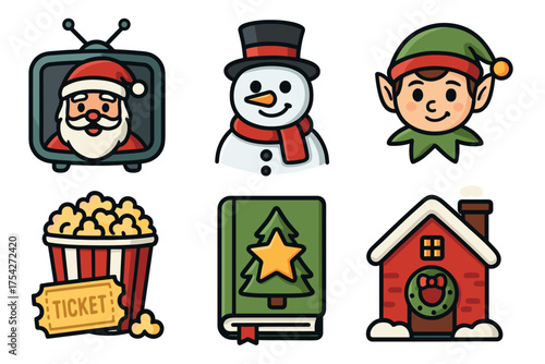 Christmas characters and symbols for holiday fun and celebration. Set of 6 vector illustration