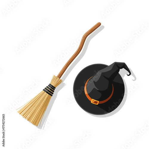 Vector art of witch hat and broom, halloween holiday attributes