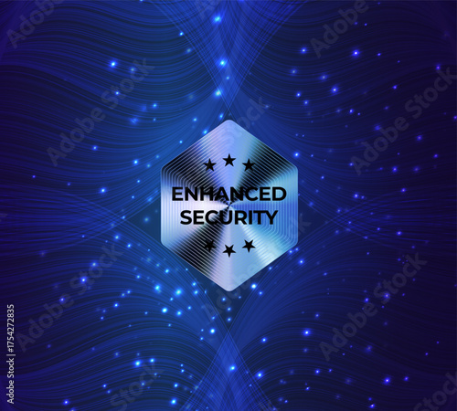 Cybersecurity badge, metallic hexagon shield on blue tech background with glowing network lines. For data protection, app, web, software marketing. Digital trust security logo. Vector illustration