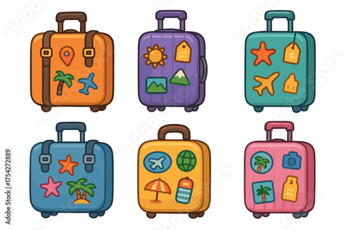 Colorful travel luggage with stickers for vacation adventure planning. Set of 6 vector illustration