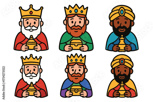 Three wise men in colorful robes carrying gifts for celebration. Set of 6 vector illustration