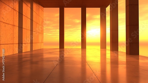 Light and Shadow of Structure: The architectural interior is bathed in a warm, golden glow, the sunlight casting long shadows across the smooth, reflective floor. A sense of solitude and space.