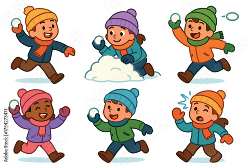 Kids having fun in the snow in a winter wonderland. Set of 6 vector illustration
