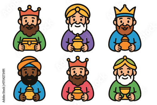 Representation of wise men holding treasures for celebration. Set of 6 vector illustration