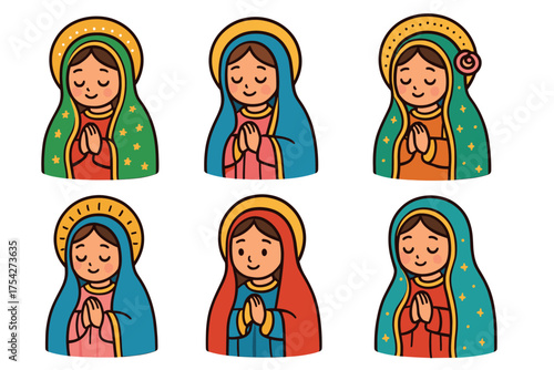 Colorful praying figure with serene expression. Set of 6 vector illustration