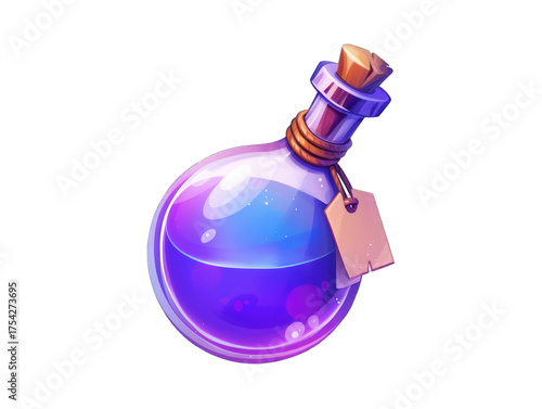Fantasy magic potion bottle illustration with glowing liquid, isolated on transparent background, bright decorative glass container for game design, alchemy, or digital art projects