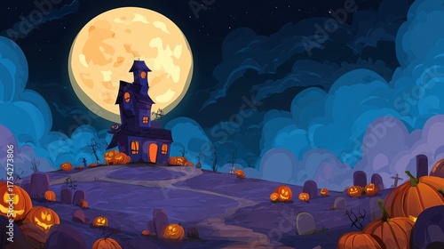 Halloween cartoon vector illustration on blue background with haunted house, pumpkins, and full moon, perfect for digital posters and holiday themes.
