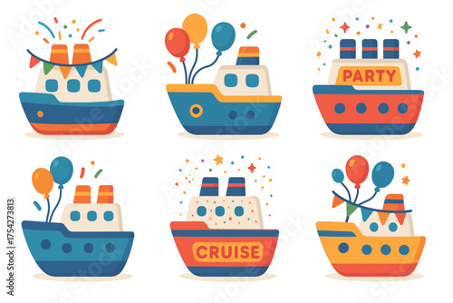 Vibrant party boats decked out for special celebrations. Set of 6 vector illustration