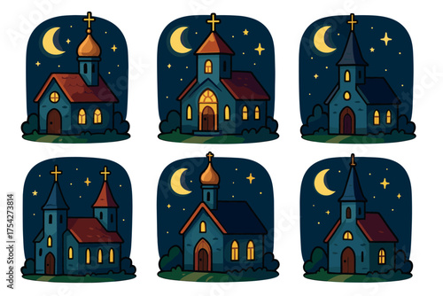 Charming night churches under a starry sky captured in various styles. Set of 6 vector illustration