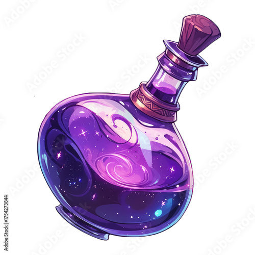 Fantasy magic potion bottle illustration with glowing liquid, isolated on transparent background, bright decorative glass container for game design, alchemy, or digital art projects