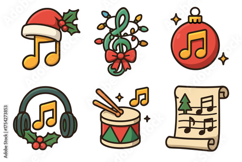 Festive music symbols for holiday celebrations and decorations. Set of 6 vector illustration