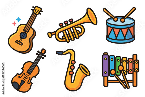Musical instruments collection for playful learning and creativity. Set of 6 vector illustration