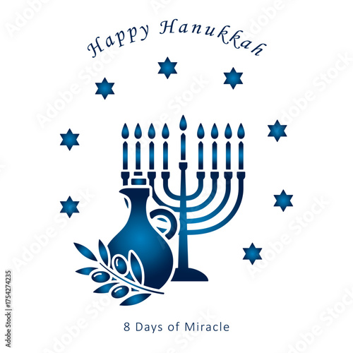 Minimalist vector Hanukkah greeting card with menorah and consecrated olive oil in cruet and Happy Hanukkah text on white background. Monochrome blue isolated square concept or poster or SM post.
