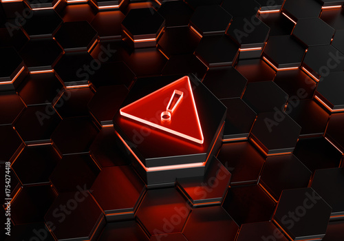 Warning sign on Black background: A vibrant red alert icon glows prominently against a sleek, dark backdrop of interlocking hexagons, symbolizing critical data and potential danger.