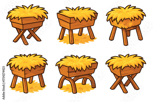 Rustic hay storage bins for farm use and decoration. Set of 6 vector illustration