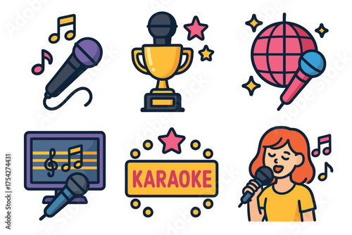 Fun karaoke night with music, microphones, and a trophy. Set of 6 vector illustration