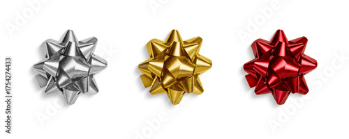 Shiny red, gold and silver metallic gift bow isolated on a transparent background, PNG. High resolution. Festive ribbon decoration for wrapping presents, Christmas, birthdays, and holiday celebration.