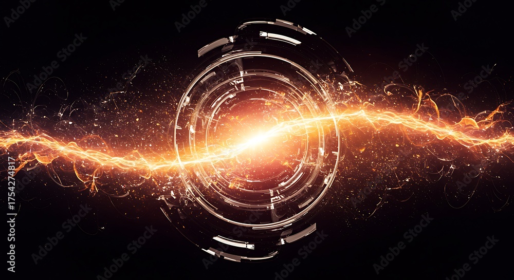 Obraz premium Abstract Futuristic Energy Core Emitting Powerful Electrifying Plasma Bursts and Dynamic Light, Illuminating a Dark Technological Concept Setting
