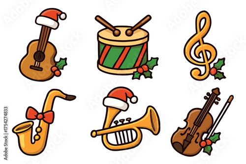 Musical instruments with holiday hats for festive celebration designs. Set of 6 vector illustration