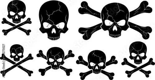 skull skelton pirate bone crossbones halloween danger warning caution detailed silhouette set vector illustration graphic design art flat icon symbol sign dark shadow on a white background