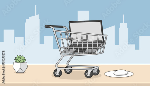 Modern flat illustration of a shopping cart filled with a laptop, placed on a desk with a potted succulent and a hat, against a backdrop of a stylized city skyline, symbolizing online shopping and