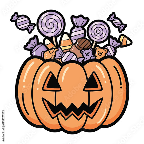Jack-o'-lantern overflowing with colorful Halloween candy, lollipops, and treats