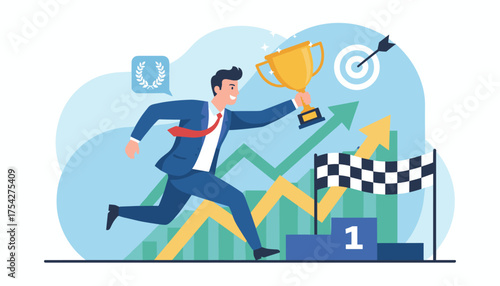 Vibrant illustration of a triumphant businessman in a blue suit, holding a golden trophy aloft, sprinting towards a checkered finish line, symbolizing success, achievement, and reaching goals, with