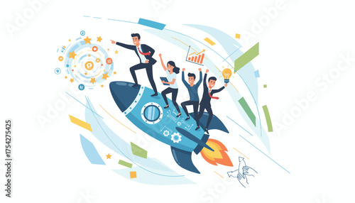 Vibrant illustration of a diverse business team riding a rocket ship, symbolizing successful startup launch, innovation, and forward momentum, with leadership guiding the way towards growth and