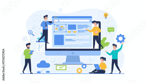 Diverse team of professionals collaborating on website development and software engineering, using computers and tablets, with icons representing cloud computing, ideas, and communication