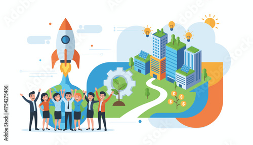 Vibrant illustration depicting the successful launch of a new business venture, symbolized by a rocket ascending from Earth, surrounded by a diverse team of happy professionals, and a futuristic