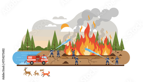 Vivid flat illustration depicting a forest fire emergency with firefighters battling flames using water hoses from a fire truck, while wildlife flees the inferno, highlighting environmental disaster