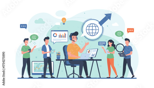 Vibrant vector illustration depicting a team collaborating on a digital project, with a central internet assistant wearing a headset, surrounded by charts, graphs, and communication icons