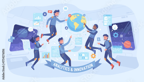 Vibrant vector illustration depicting a diverse team of astronauts in zero gravity, collaborating on global analytics and innovation within a futuristic spaceship, surrounded by holographic data