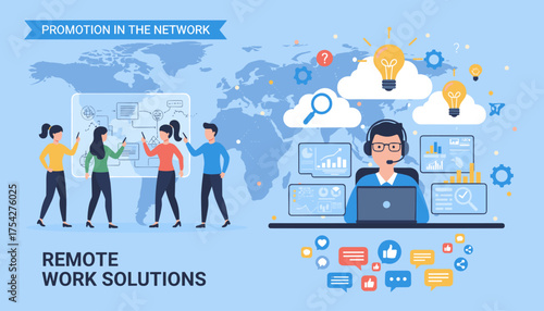Vector illustration of an online assistant working remotely, promoting network solutions with a global map background, data analysis charts, and social media icons, symbolizing collaboration and