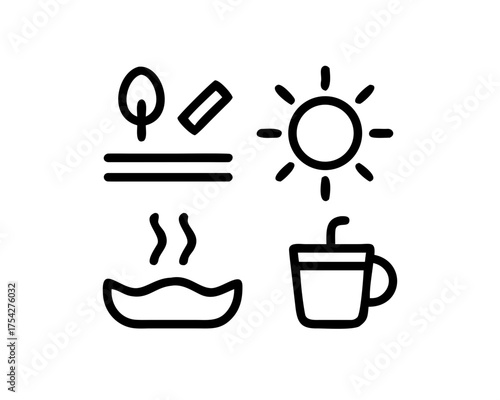 Icon illustration of spa day with hot tub, sun, drink, and nature elements