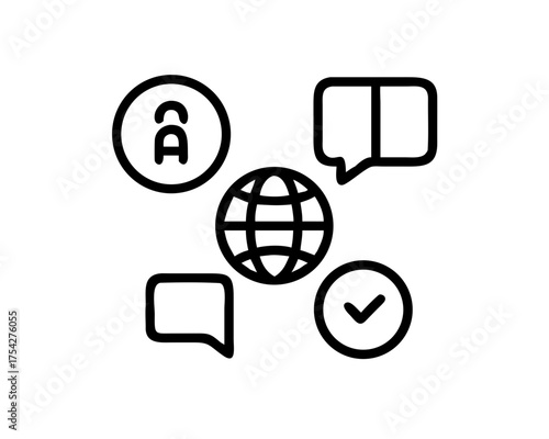Icon representing global communication with speech bubbles and checkmark
