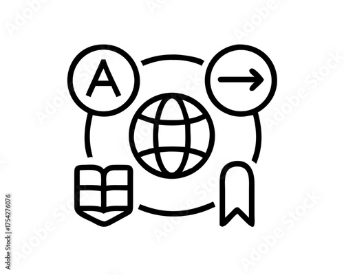 Icon representing language translation, globe, book, and bookmark