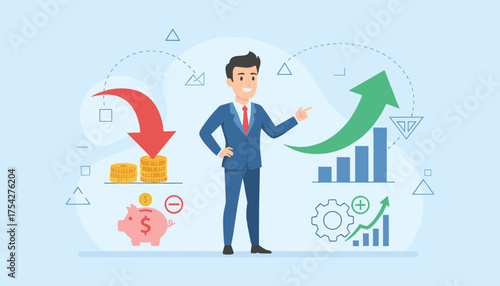 Business man in suit pointing to financial charts showing growth and decline, with coins, piggy bank, and gear icons symbolizing investment, savings, and efficiency in business management and quality