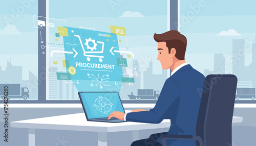 Modern procurement management industry concept with a businessman using a laptop and a holographic interface displaying a shopping cart and supply chain network, symbolizing digital transformation