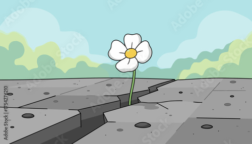 A single white flower with a yellow center bravely pushes through a large crack in a grey concrete pavement, symbolizing resilience and hope against adversity, set against a soft-focus background of