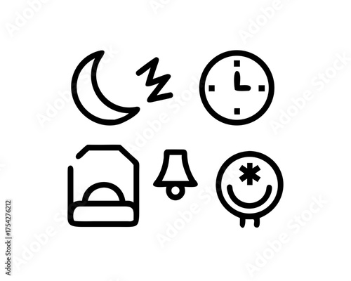 Icon showing bedtime routine with moon, clock, bed, bell, and smiling face