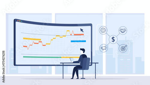 Modern flat illustration of a project manager analyzing a Gantt chart schedule on a large screen, with icons representing business strategy, teamwork, marketing, and goal achievement, symbolizing