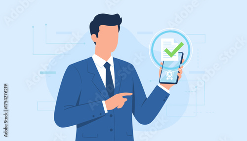 Quality assurance and guarantee concept: a businessman in a blue suit holds a smartphone displaying a document with a green checkmark and a badge, symbolizing successful verification and approval in